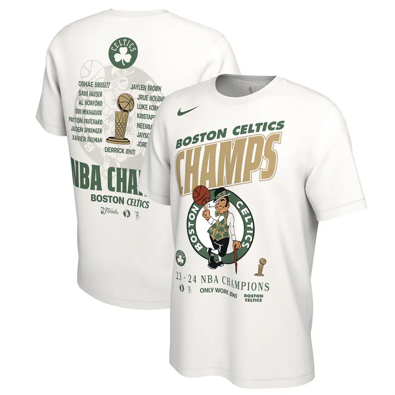 Men's Boston Celtics White 2024 Finals Champions Celebration Roster T-Shirt